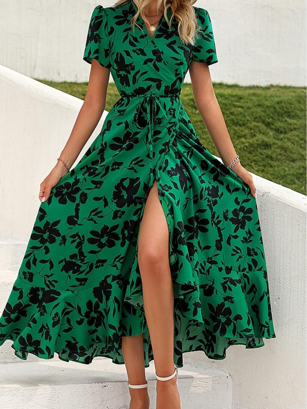 Emerald Green Floral High-Low Wrap Dress with Tie Waist
